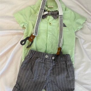 Kids Green and Gray Outfit with Suspenders